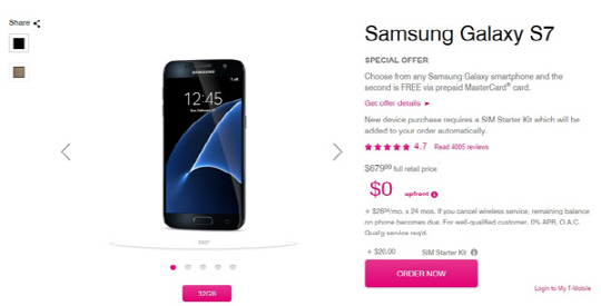 삼성전자 스마트폰 구매자에게 스마트폰 1대 더 주는 행사를 진행하고 있는 미국 이통사 T-모바일 홈페이지 캡쳐화면.